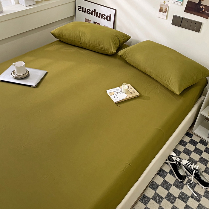 91家纺网 家纺一手货源 找家纺 六巷胡同 2023新款32支全棉纯色水洗棉单床笠 咸菜绿