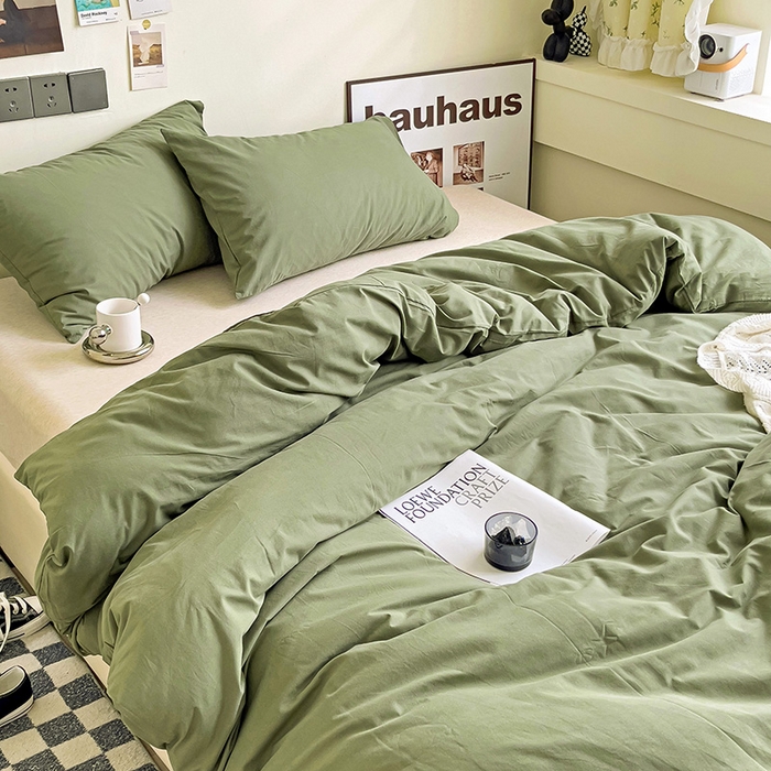91家纺网 家纺一手货源 找家纺 六巷胡同 2023新款32支全棉纯色水洗棉单被套 抹茶绿
