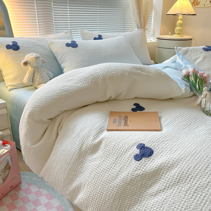 91家纺网 家纺一手货源 找家纺 慕尚2025华夫格全棉米奇毛巾绣四件套 米奇 白蓝