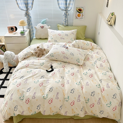 91家纺网 家纺一手货源 找家纺 昔可家纺 2023新款多巴胺卡通学生季全棉四件套 多巴胺小兔