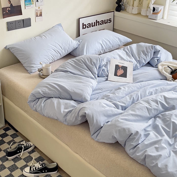 91家纺网 家纺一手货源 找家纺 六巷胡同 2023新款32支全棉纯色水洗棉单被套 奶油蓝