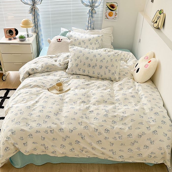 91家纺网 家纺一手货源 找家纺 昔可家纺 2023新款多巴胺卡通学生季全棉四件套 蓝色素描猫