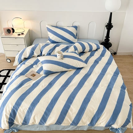 昔可家纺 2023新款多巴胺少女风条纹全棉四件套 海盐蓝条