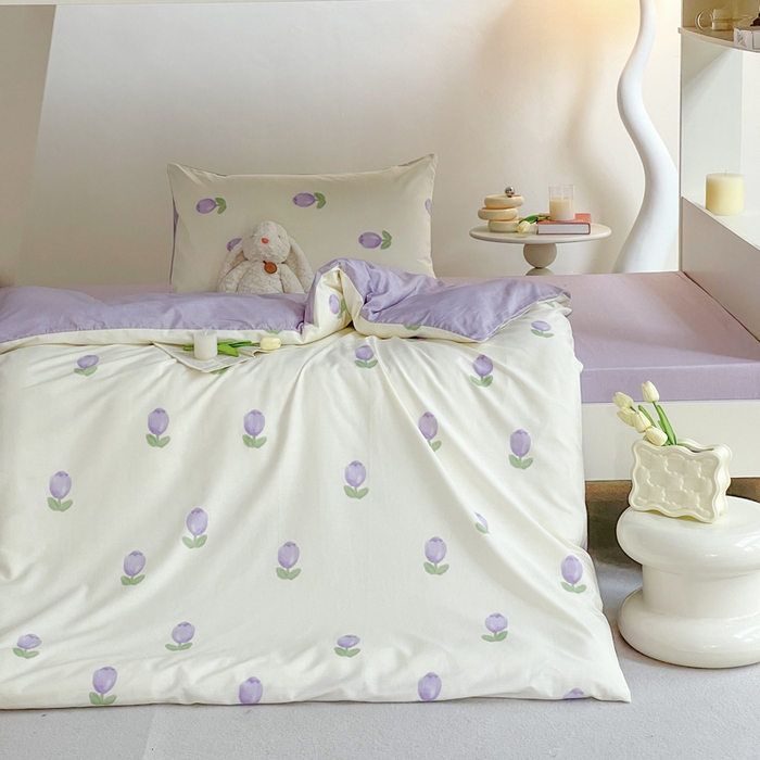 91家纺网 家纺一手货源 找家纺 昔可家纺 2023新款少女粉渐变色上下铺全棉四件套 紫色郁金香