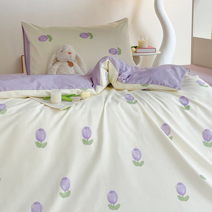 91家纺网 家纺一手货源 找家纺 昔可家纺 2023新款少女粉渐变色上下铺全棉四件套 紫色郁金香