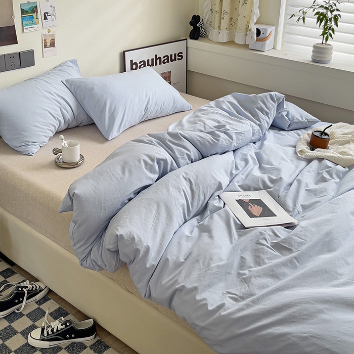 91家纺网 家纺一手货源 找家纺 六巷胡同 2023新款32支全棉纯色水洗棉单被套 奶油蓝