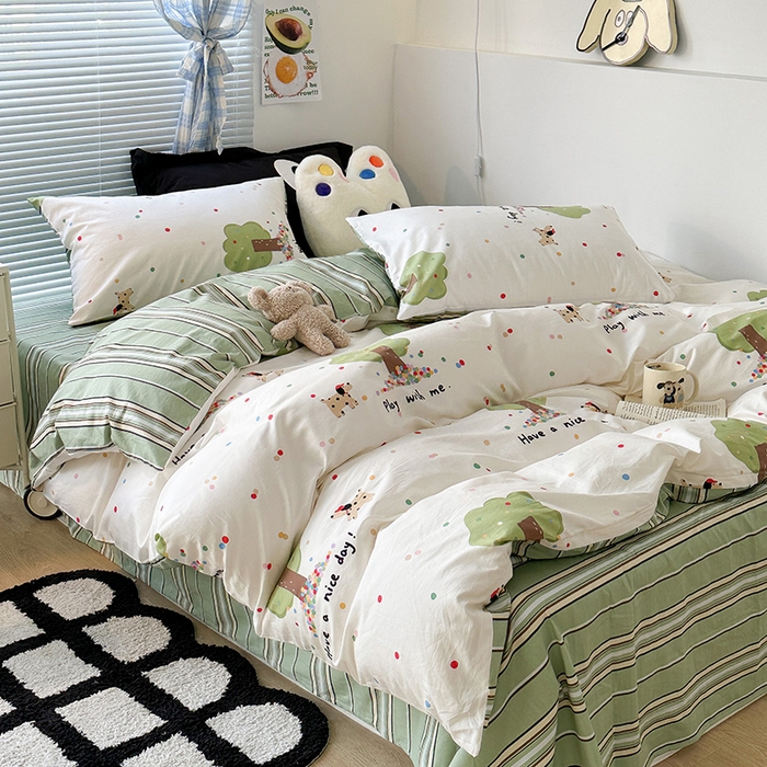 91家纺网 家纺一手货源 找家纺 昔可家纺 2023新款多巴胺卡通学生季全棉四件套 小树林与狗