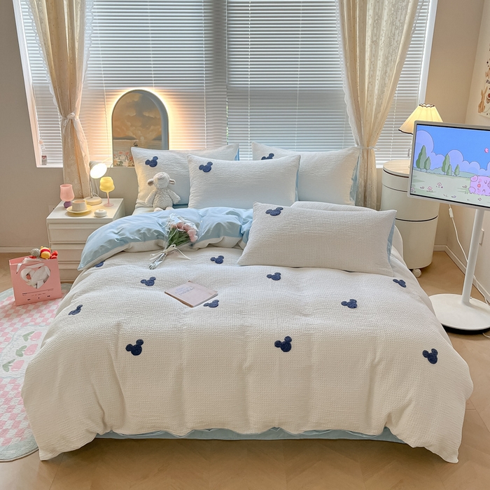 91家纺网 家纺一手货源 找家纺 慕尚2025华夫格全棉米奇毛巾绣四件套 米奇 白蓝