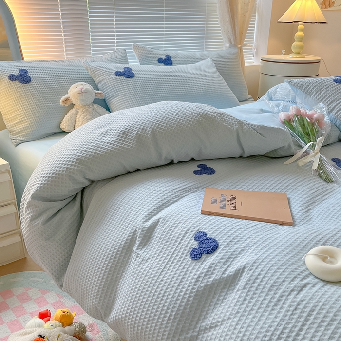 91家纺网 家纺一手货源 找家纺 慕尚2025华夫格全棉米奇毛巾绣四件套 米奇 天蓝