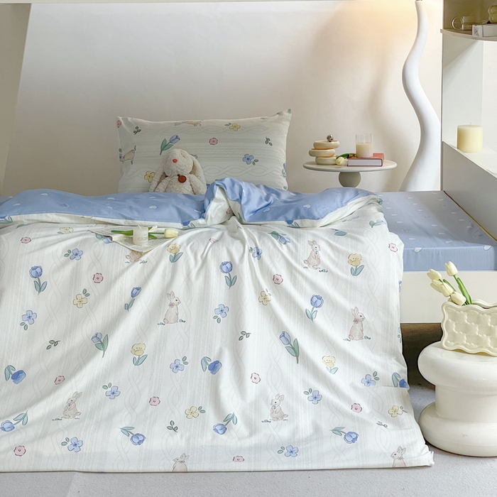 91家纺网 家纺一手货源 找家纺 昔可家纺 2023新款少女粉渐变色上下铺全棉四件套 森系花园兔