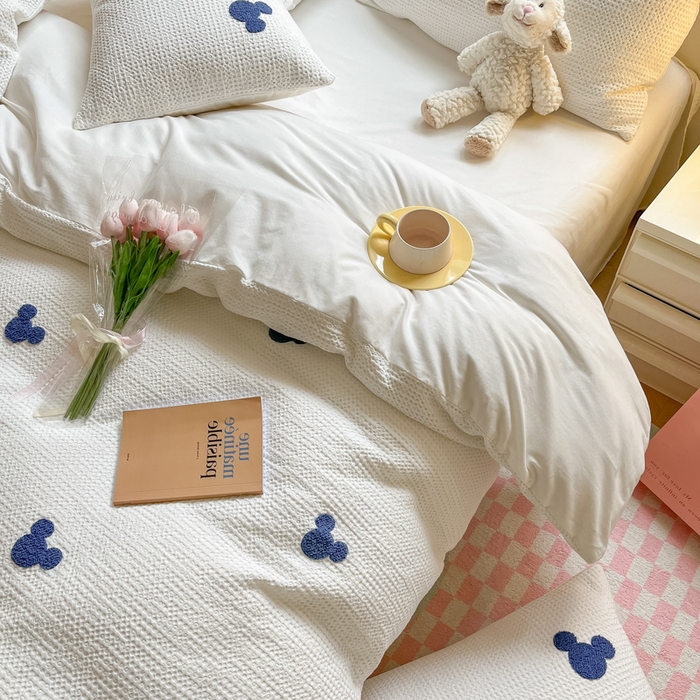 91家纺网 家纺一手货源 找家纺 慕尚2025华夫格全棉米奇毛巾绣四件套 米奇 白