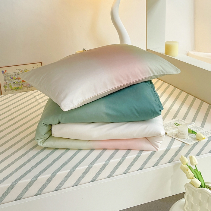 91家纺网 家纺一手货源 找家纺 昔可家纺 2023新款少女粉渐变色上下铺全棉四件套 松石粉绿