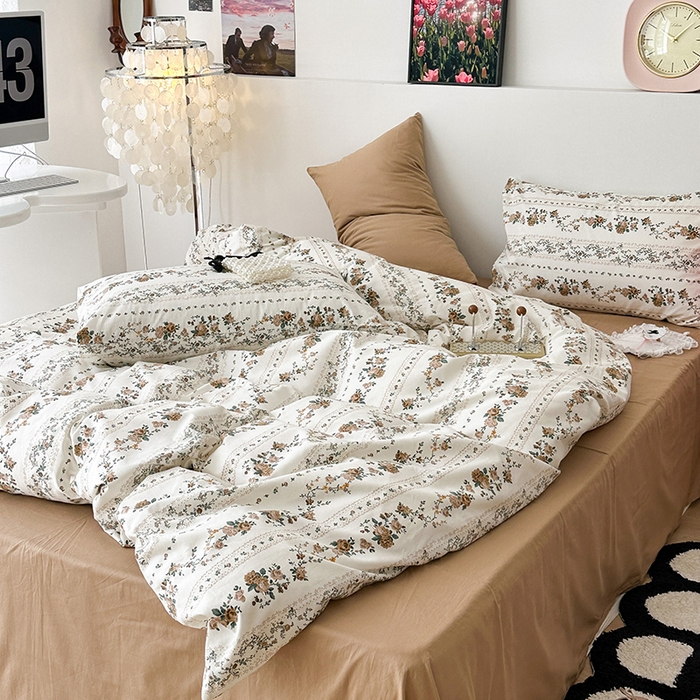 91家纺网 家纺一手货源 找家纺 昔可家纺 2023新款法式田园花卉混搭全棉四件套 复古咖玫瑰