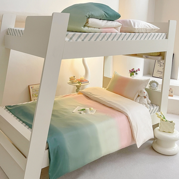 91家纺网 家纺一手货源 找家纺 昔可家纺 2023新款少女粉渐变色上下铺全棉四件套 松石粉绿