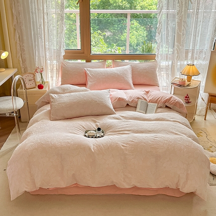 琪格格纺织 2023新款爱在春秋系列A类纯棉加厚色织三层纱四件套 爱在春秋粉