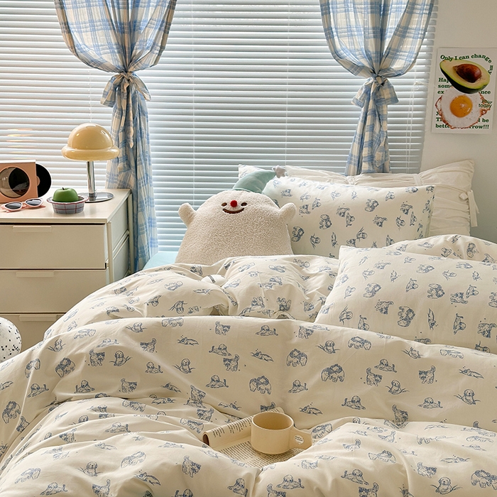 91家纺网 家纺一手货源 找家纺 昔可家纺 2023新款多巴胺卡通学生季全棉四件套 蓝色素描猫