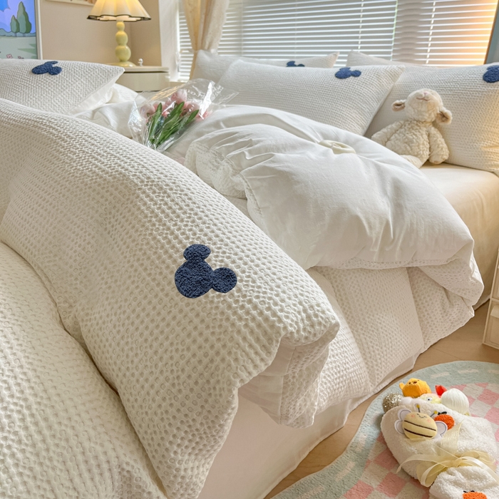 91家纺网 家纺一手货源 找家纺 慕尚2025华夫格全棉米奇毛巾绣四件套 米奇 白