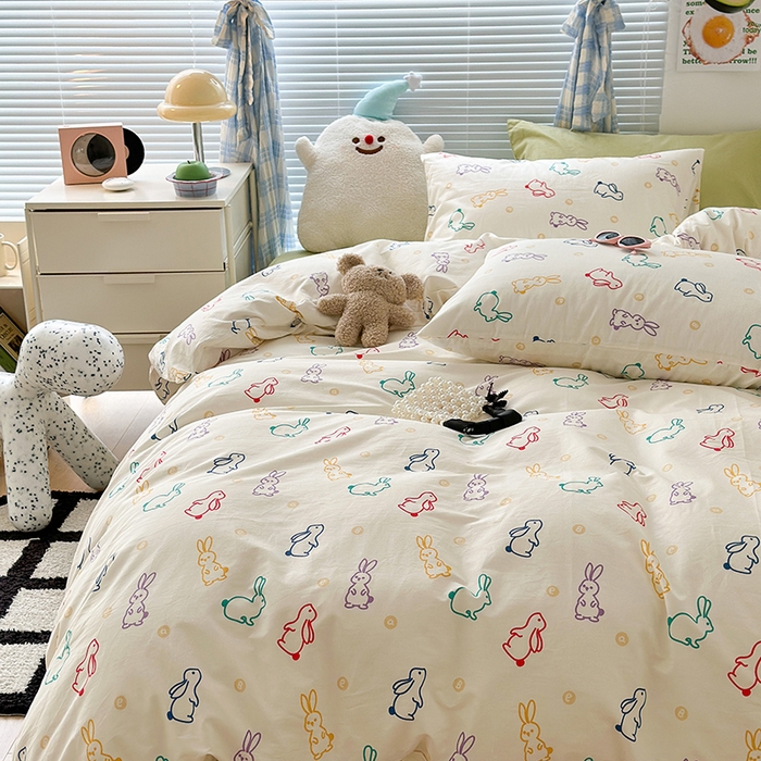 91家纺网 家纺一手货源 找家纺 昔可家纺 2023新款多巴胺卡通学生季全棉四件套 多巴胺小兔