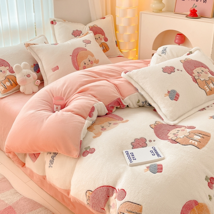 91家纺网 家纺一手货源 找家纺 同田家纺 2024秋冬新品雪花绒牛奶绒印花四件套 甜蜜女孩