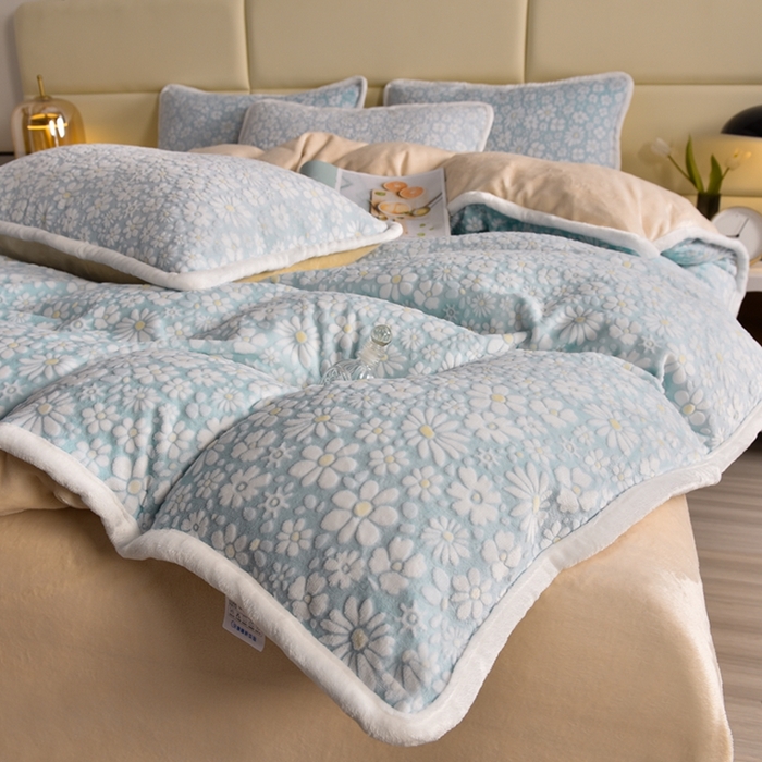 91家纺网 家纺一手货源 找家纺 诺梵 2023新款雕花绒四件套 绒雪花-蓝