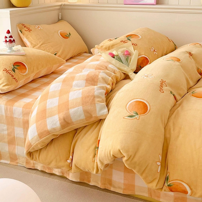91家纺网 家纺一手货源 找家纺 桃子 2023新款ins小清新韩系卡通少女心奶油兔子加厚牛奶绒系列四件套-第一批 绒-橙汁