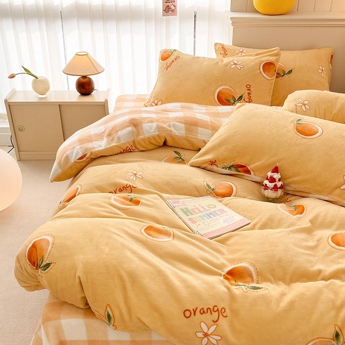 91家纺网 家纺一手货源 找家纺 桃子 2023新款ins小清新韩系卡通少女心奶油兔子加厚牛奶绒系列四件套-第一批 绒-橙汁