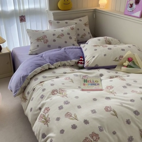 91家纺网 家纺一手货源 找家纺 桃子 2023新款ins小清新韩系卡通少女心奶油兔子加厚牛奶绒系列四件套-第一批 绒-花颂