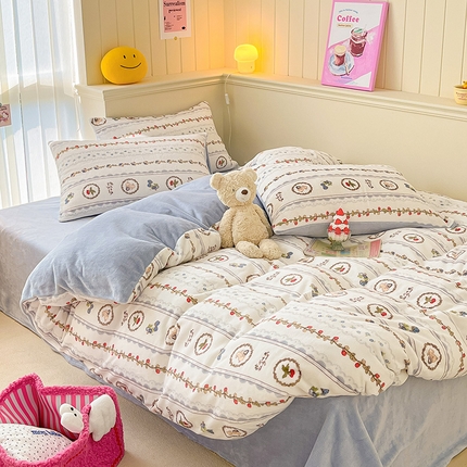 桃子 2023新款ins小清新韩系卡通少女心奶油兔子加厚牛奶绒系列四件套-第一批 绒-蓝可颂
