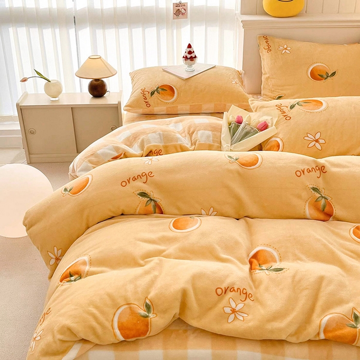 91家纺网 家纺一手货源 找家纺 桃子 2023新款ins小清新韩系卡通少女心奶油兔子加厚牛奶绒系列四件套-第一批 绒-橙汁