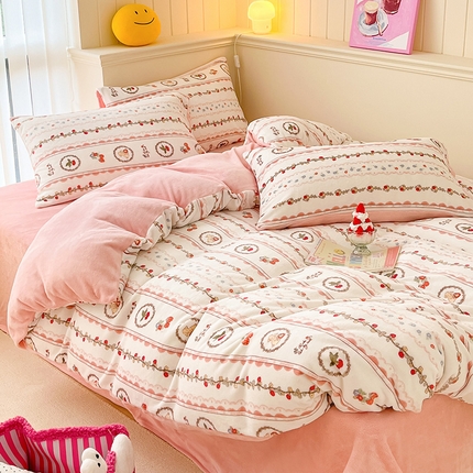 桃子 2023新款ins小清新韩系卡通少女心奶油兔子加厚牛奶绒系列四件套-第一批 绒-可颂粉