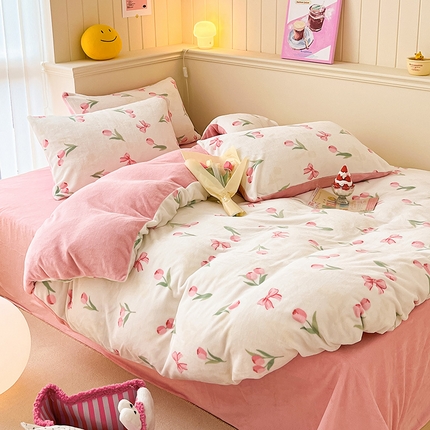 桃子 2023新款ins小清新韩系卡通少女心奶油兔子加厚牛奶绒系列四件套-第一批 绒-妙颜粉