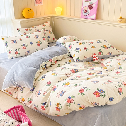 桃子 2023新款ins小清新韩系卡通少女心奶油兔子加厚牛奶绒系列四件套-第一批 绒-花田兔