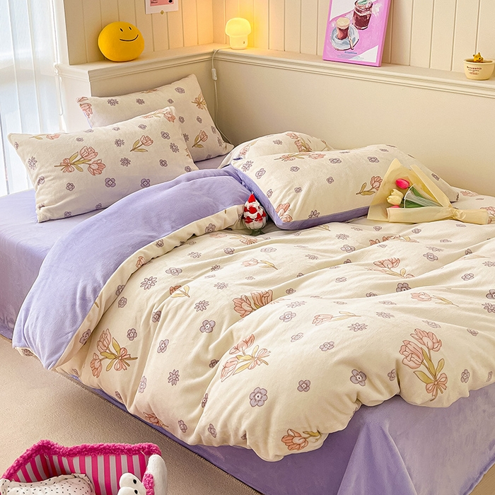 91家纺网 家纺一手货源 找家纺 桃子 2023新款ins小清新韩系卡通少女心奶油兔子加厚牛奶绒系列四件套-第一批 绒-花颂