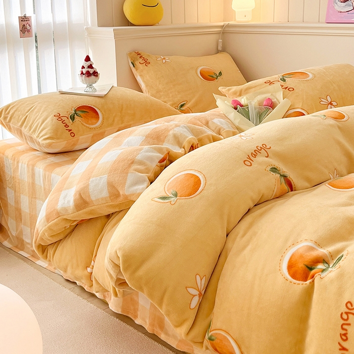 91家纺网 家纺一手货源 找家纺 桃子 2023新款ins小清新韩系卡通少女心奶油兔子加厚牛奶绒系列四件套-第一批 绒-橙汁