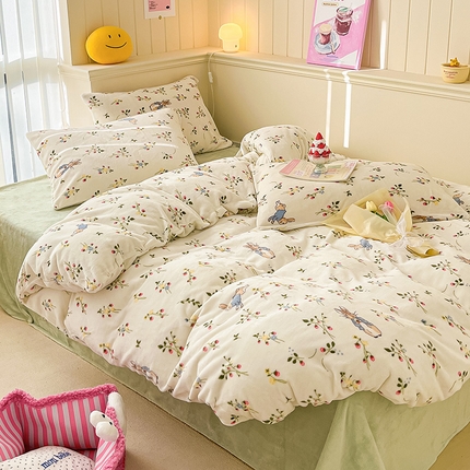 91家纺网 家纺一手货源 找家纺 （总）桃子 2023新款ins小清新韩系卡通少女心奶油兔子加厚牛奶绒系列四件套-第一批