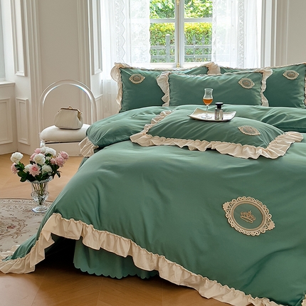 91家纺网 家纺一手货源 找家纺 yyds网供 2023新款韩版皇冠花边款公主风夹棉床裙款四件套-风格一【有买家秀】 皇冠-玛瑙绿