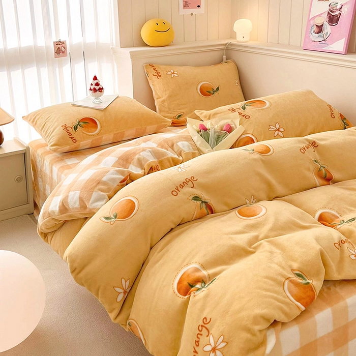 91家纺网 家纺一手货源 找家纺 桃子 2023新款ins小清新韩系卡通少女心奶油兔子加厚牛奶绒系列四件套-第一批 绒-橙汁