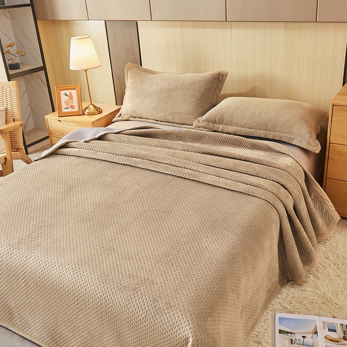 91家纺网 家纺一手货源 找家纺 胜权 2024款高克重牛奶绒夹棉单床盖单件保暖床盖三件套 奶咖