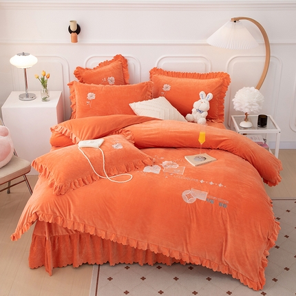 91家纺网 家纺一手货源 找家纺 优姿家纺 2024新品8.5斤德芙绒韩版床裙绣花保暖四件套 绽放香妃桔
