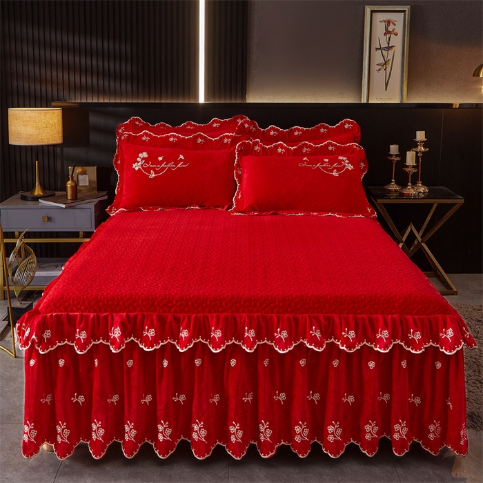 91家纺网 家纺一手货源 找家纺 2023 恒爱家纺 花好月圆宝宝绒床裙四件套 喜庆红