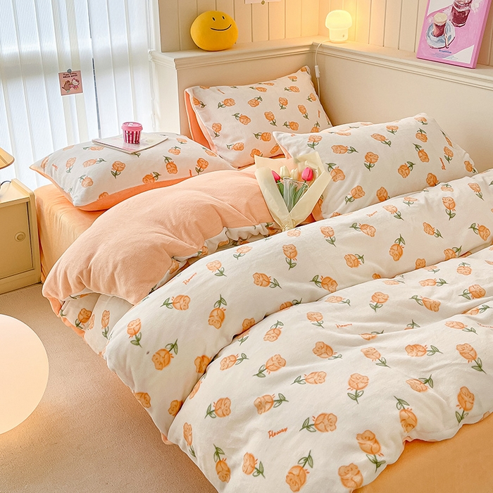 91家纺网 家纺一手货源 找家纺 金爱家 2023新款ins小清新韩系卡通少女心奶油兔子加厚牛奶绒系列四件套 绒-沁香