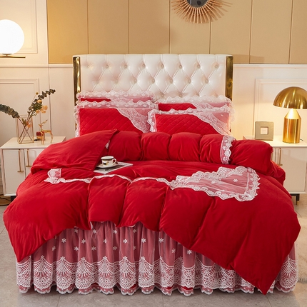 2023新款水晶绒保暖床裙四件套爱妮系列 大红