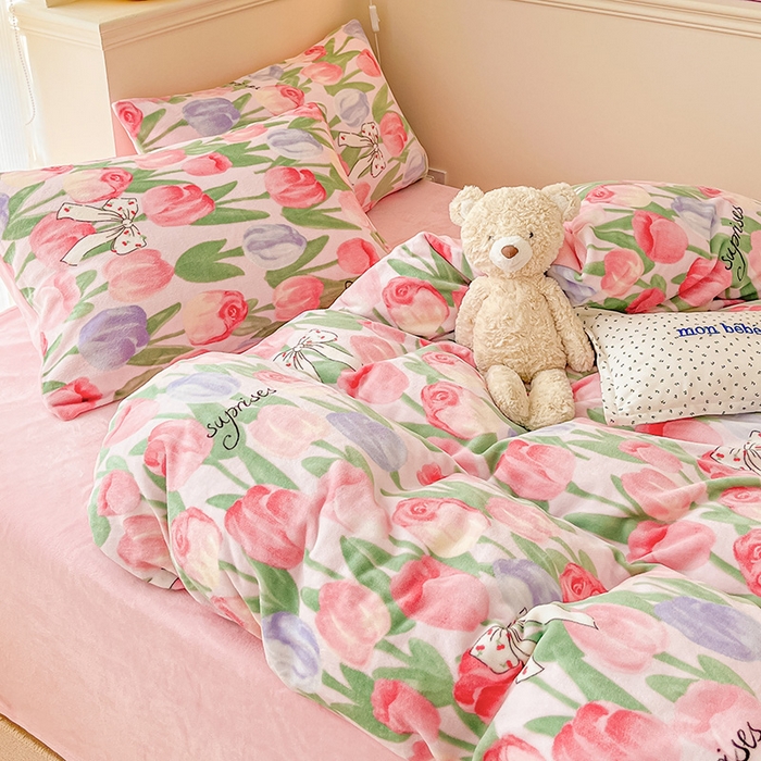 91家纺网 家纺一手货源 找家纺 金爱家 2023新款ins小清新韩系卡通少女心奶油兔子加厚牛奶绒系列四件套 绒-浪漫郁金香