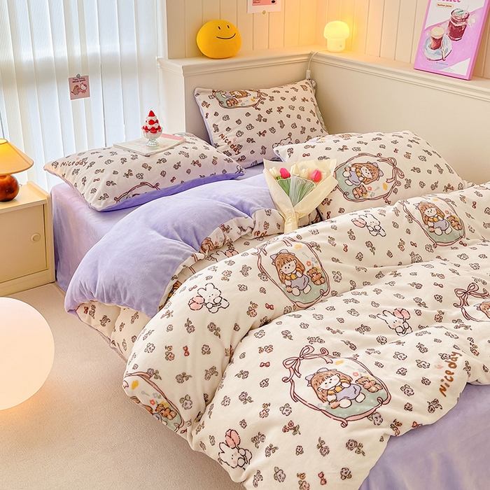 91家纺网 家纺一手货源 找家纺 金爱家 2023新款ins小清新韩系卡通少女心奶油兔子加厚牛奶绒系列四件套 绒-萝莉