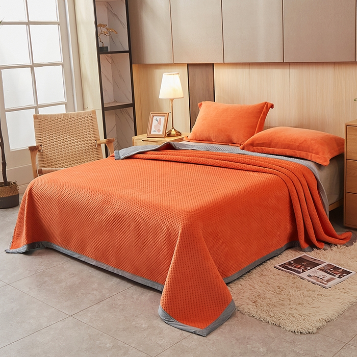 91家纺网 家纺一手货源 找家纺 胜权 2024款高克重牛奶绒夹棉单床盖单件保暖床盖三件套 阳光橙