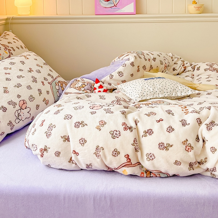 91家纺网 家纺一手货源 找家纺 金爱家 2023新款ins小清新韩系卡通少女心奶油兔子加厚牛奶绒系列四件套 绒-萝莉