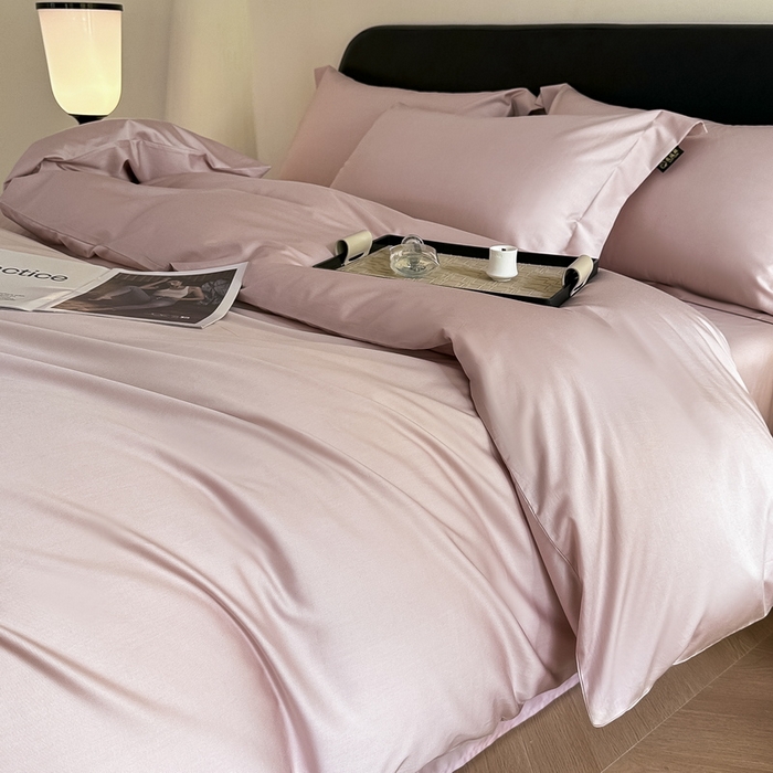 91家纺网 家纺一手货源 找家纺 618家纺 2023新款50S100支长绒棉全棉纯棉纯色四件套 纯色梦幻粉