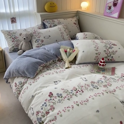 91家纺网 家纺一手货源 找家纺 金爱家 2023新款ins小清新韩系卡通少女心奶油兔子加厚牛奶绒系列四件套 绒-美悠