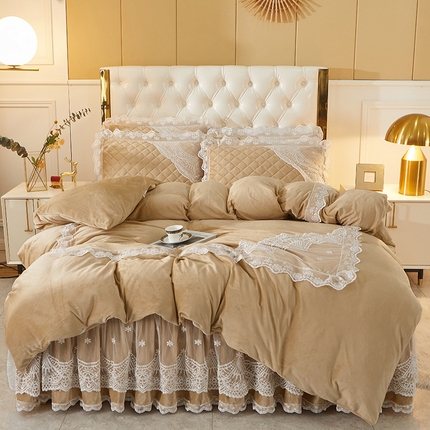 91家纺网 家纺一手货源 找家纺 2023新款水晶绒保暖床裙四件套爱妮系列 浅咖