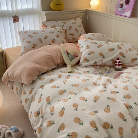 91家纺网 家纺一手货源 找家纺 金爱家 2023新款ins小清新韩系卡通少女心奶油兔子加厚牛奶绒系列四件套 绒-沁香